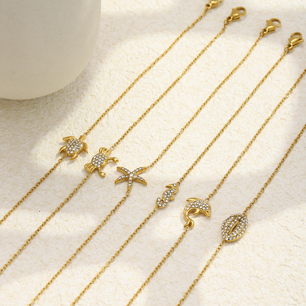 Minimalist 18K Gold Plated Geometric Stainless Steel Bracelet with Rhinestone for Women