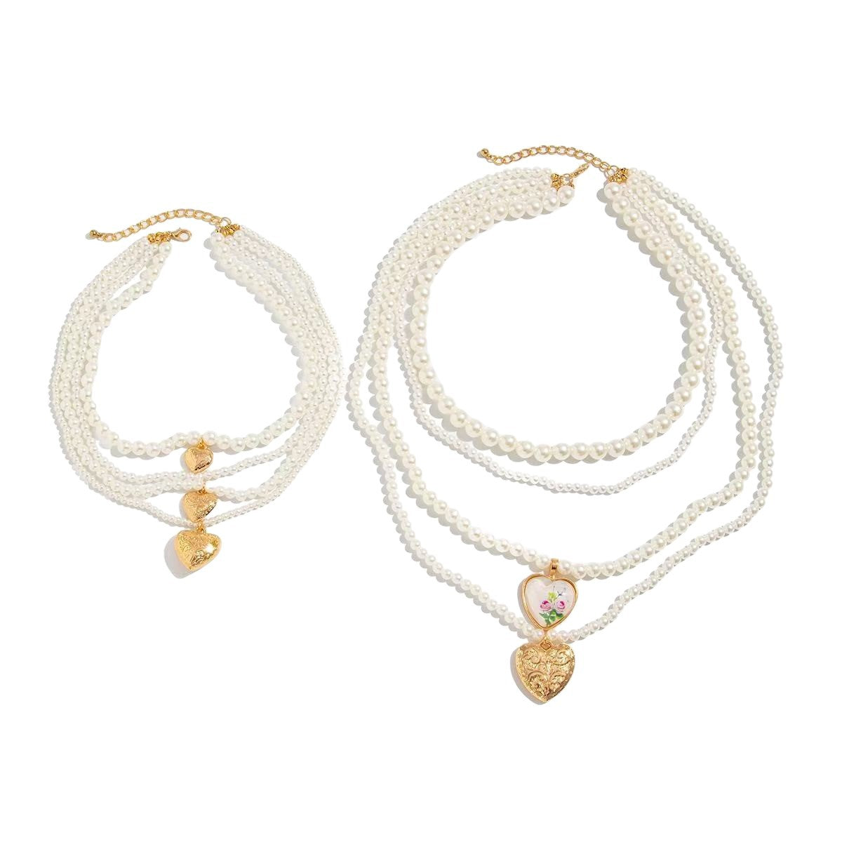 Vintage Bohemian Hip-hop Heart Floral Geometric Alloy Plated Imitation Pearl Layered Necklace for Women