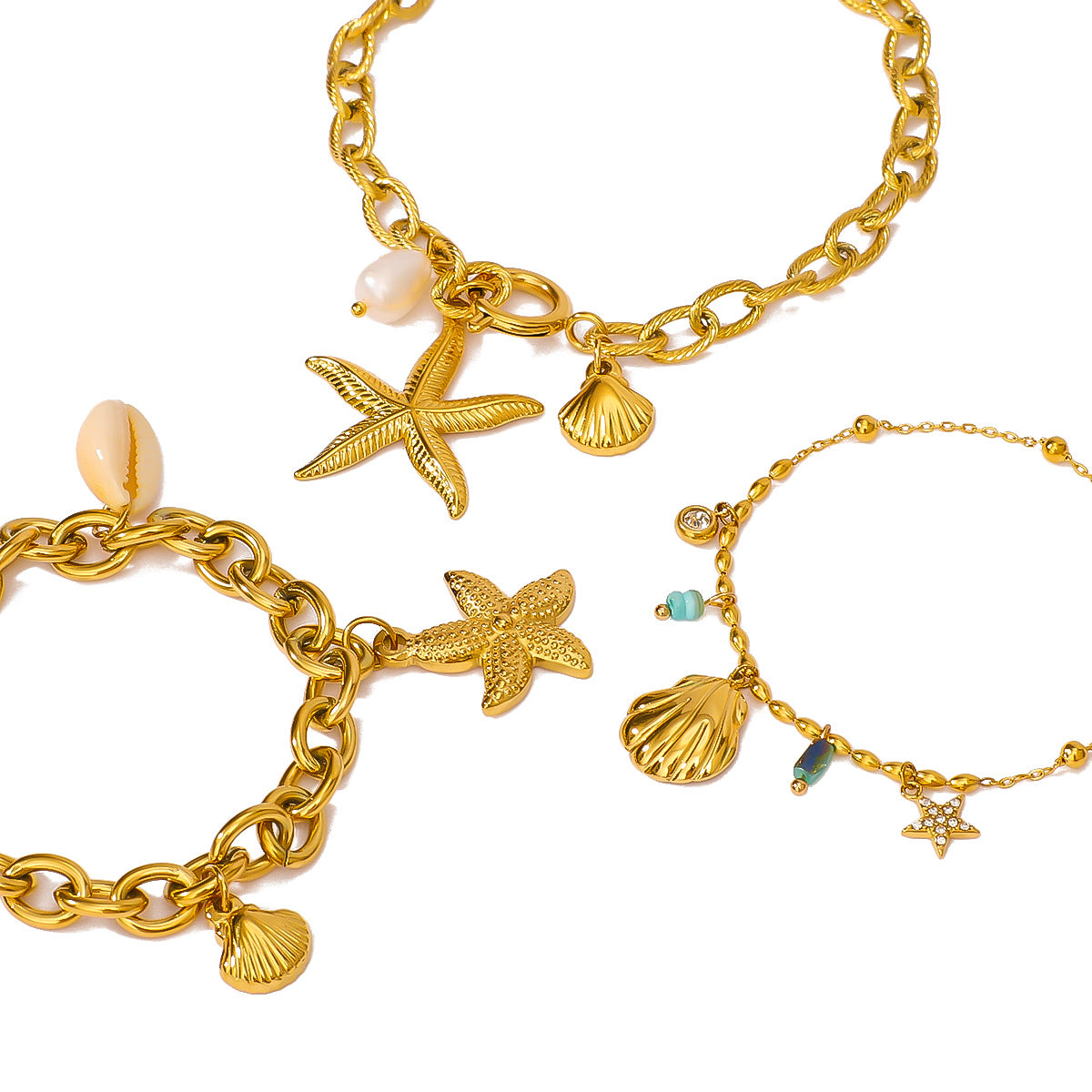 Pulsera geométrica minimalista de acero inoxidable con baño de oro de 18 K para mujer, con dijes de vieira y estrella de mar y detalles de perlas