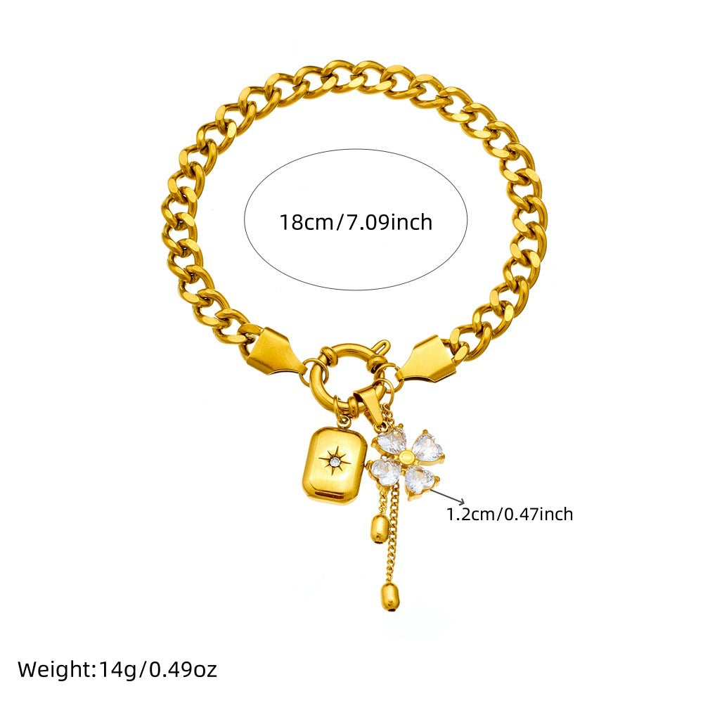 Fashionable Floral Star Square Pendant Necklace Set with Tassel Chain Stainless Steel Plated Women's Jewelry