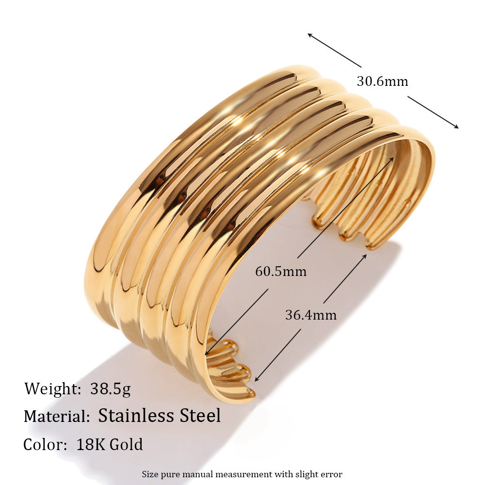 Minimalist Geometric Stainless Steel Plated 18K Gold Bamboo-Shaped Open Bangle Bracelet for Women