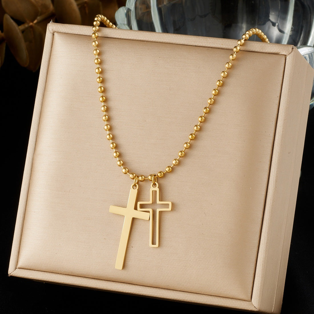 Gold Plated Stainless Steel Cross Pendant Necklace Ball Chain