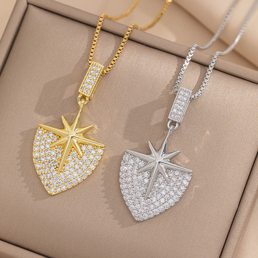 Geometric Shield Heart Pendant Necklace for Women in Titanium Steel with Rhinestone Inlay and Box Chain
