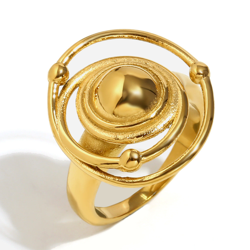 Vintage-Style Geometric Stainless Steel Ring with 18K Gold Plating and Interlocking Twist Band