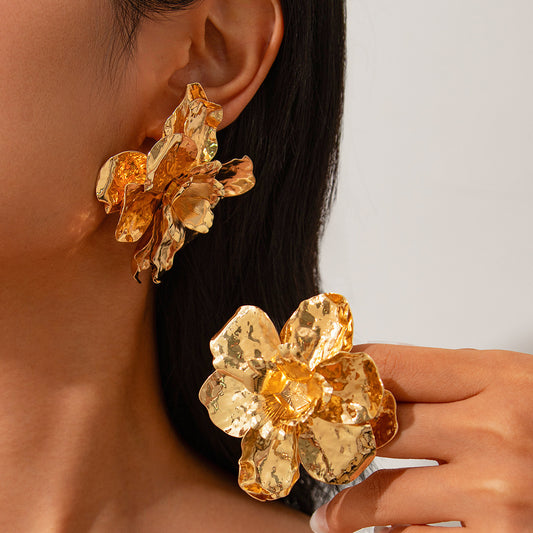 Exaggerated Floral Earrings with 3D Pleated Metal Flower Design, Electroplated Stainless Steel Studs for Women
