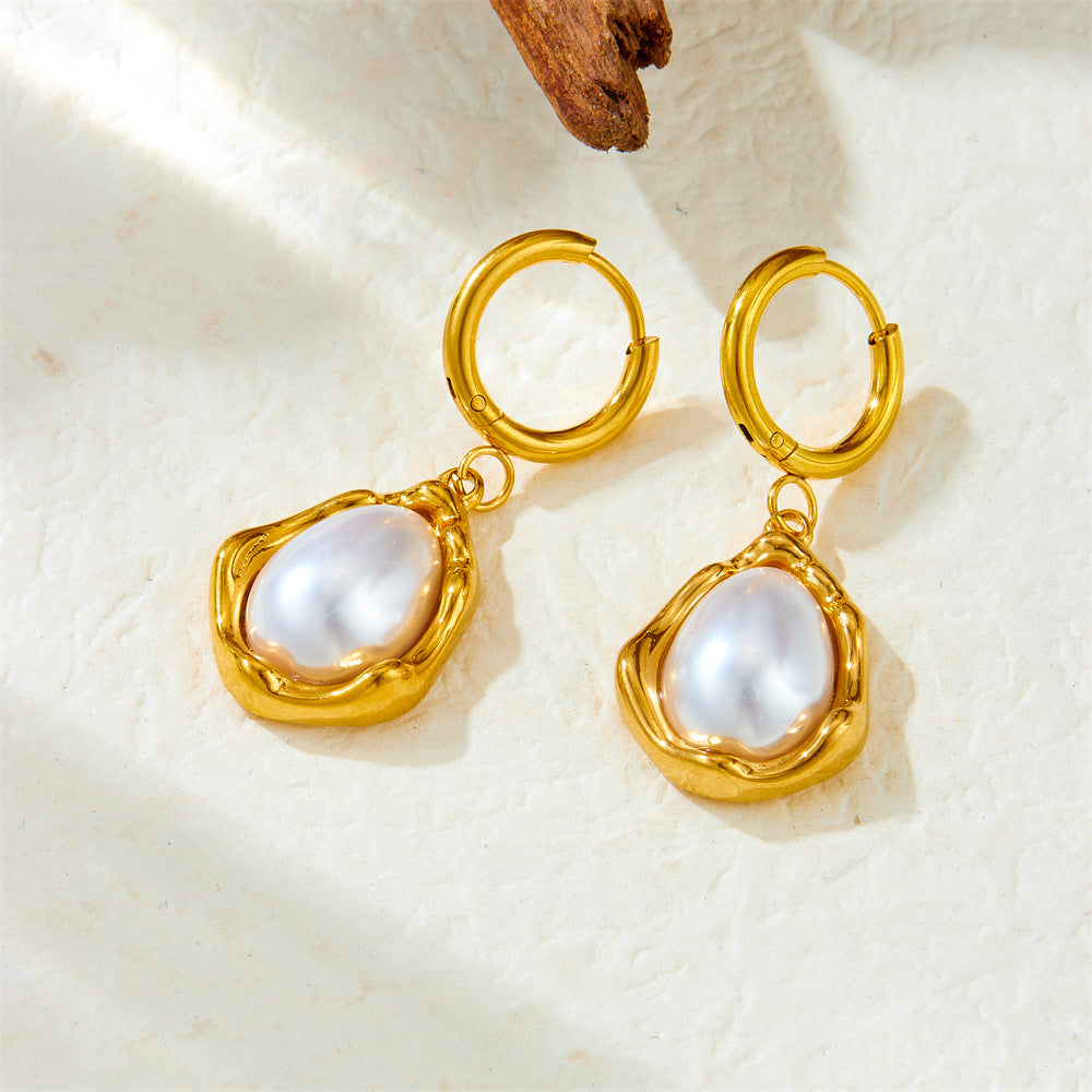 Vintage Elegant Gold Plated Stainless Steel Large Pearl Teardrop Earrings