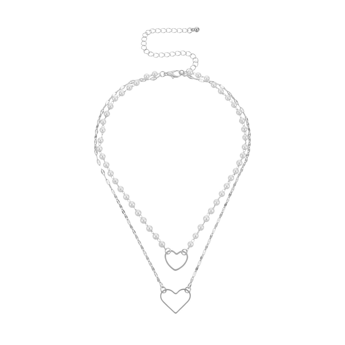 Fashion Heart-Shaped Alloy Pendant Necklace with Electroplated Finish and Double-Layer White Pearl Accents for Women