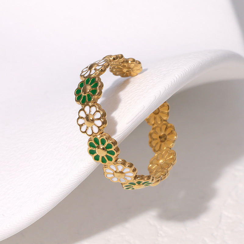 Anello margherita floreale in acciaio inossidabile con finitura placcata da donna, anello regolabile aperto in stile minimalista alla moda