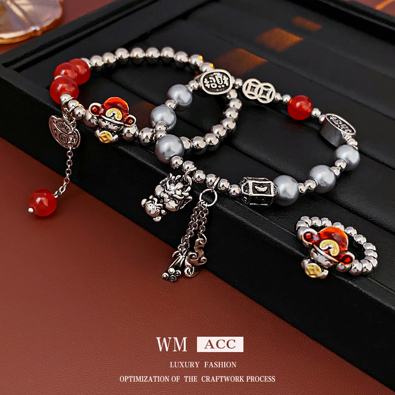 Bracciale da donna personalizzato a forma di drago in smalto con carattere "Fu" e perla, accessorio festivo di Capodanno in lega galvanizzata