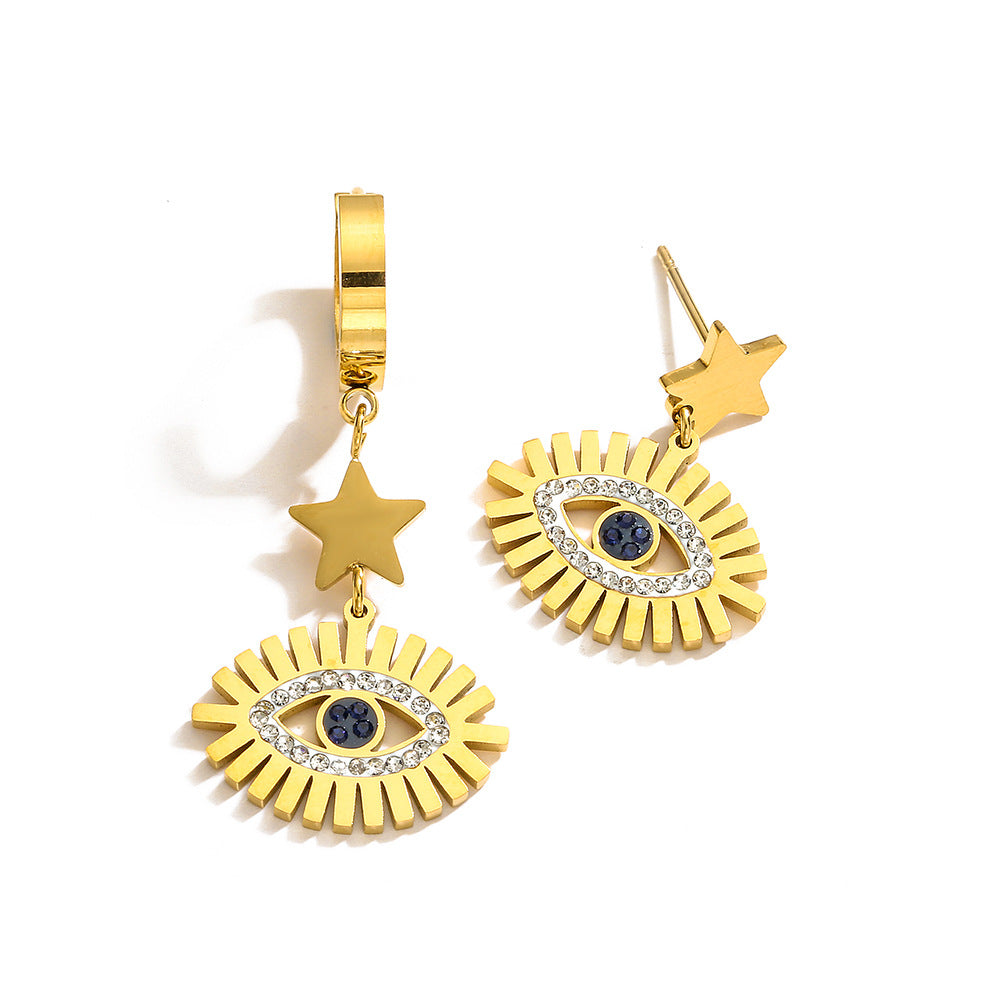 Vintage Geometric Titanium Steel Plated Evil Eye Star Pendant Earrings for Women