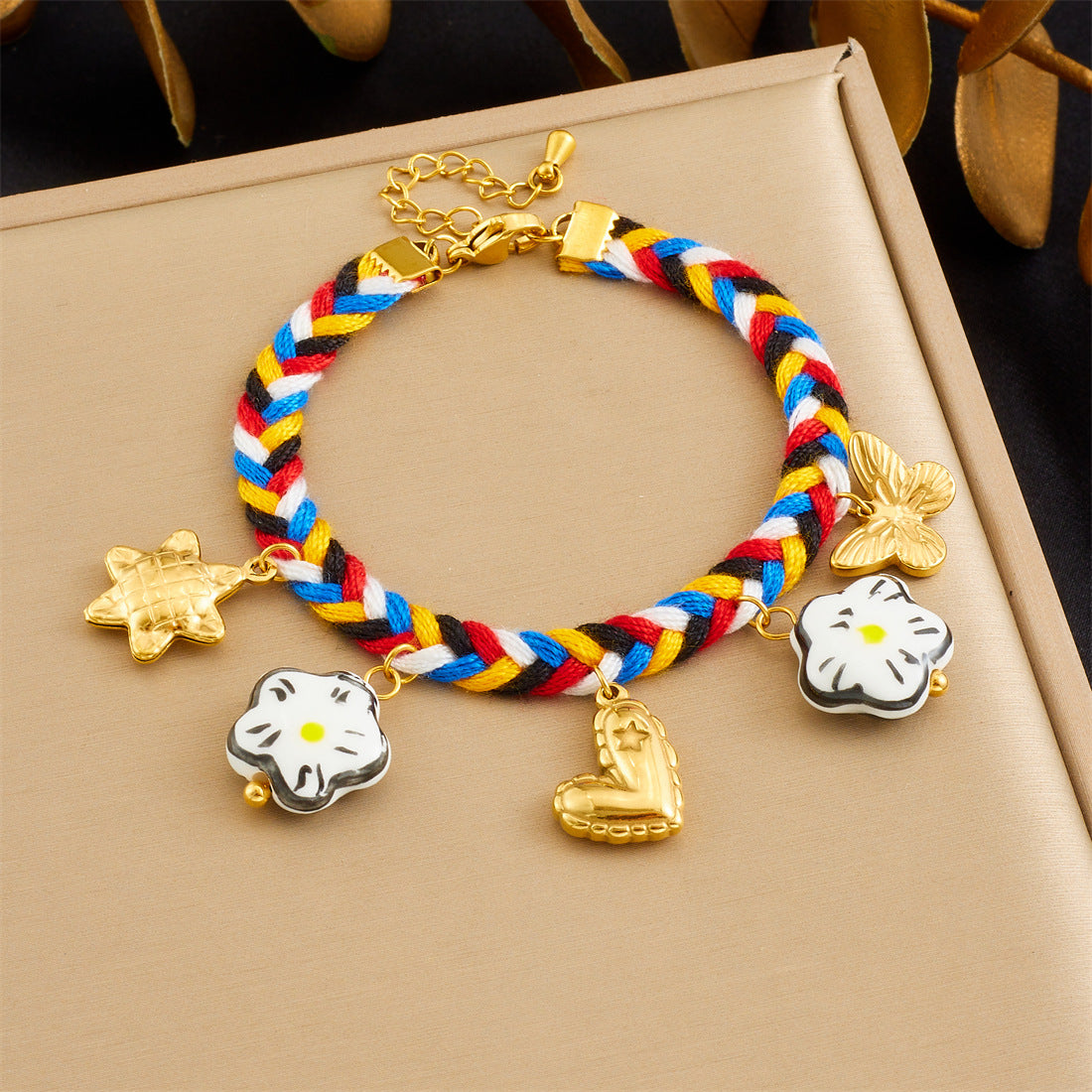 Minimalist Elegant Gold Plated Stainless Steel and Ceramic Heart and Floral Charm Bracelet with Rhinestone