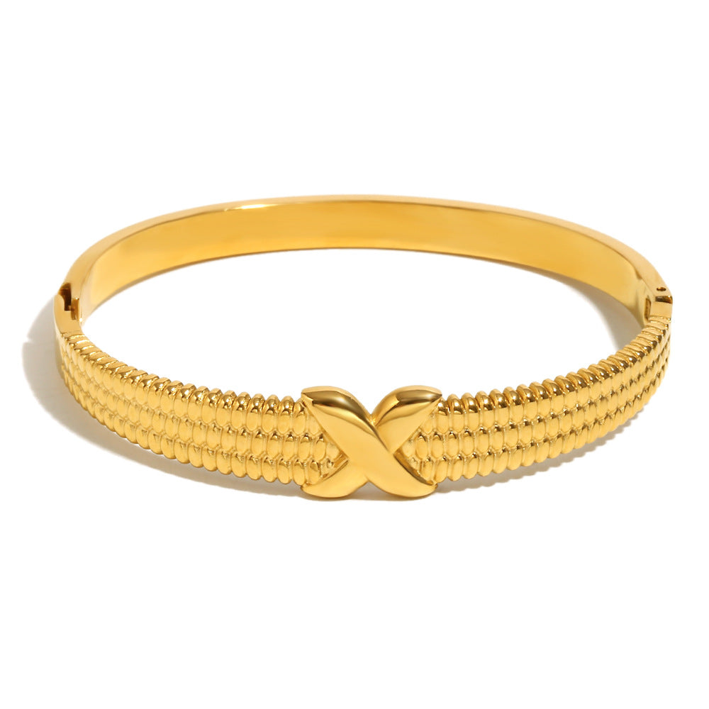 Minimalist Geometric X-Shape Stainless Steel Plated 18K Gold Toggle Bracelet for Women