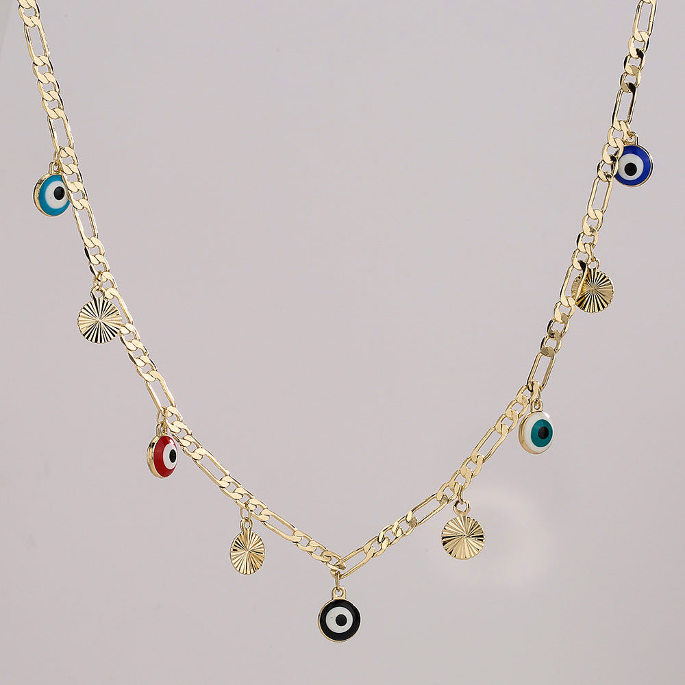 Minimalist Geometric Evil Eye Pendant Necklace in Copper with Enamel Finish for Women