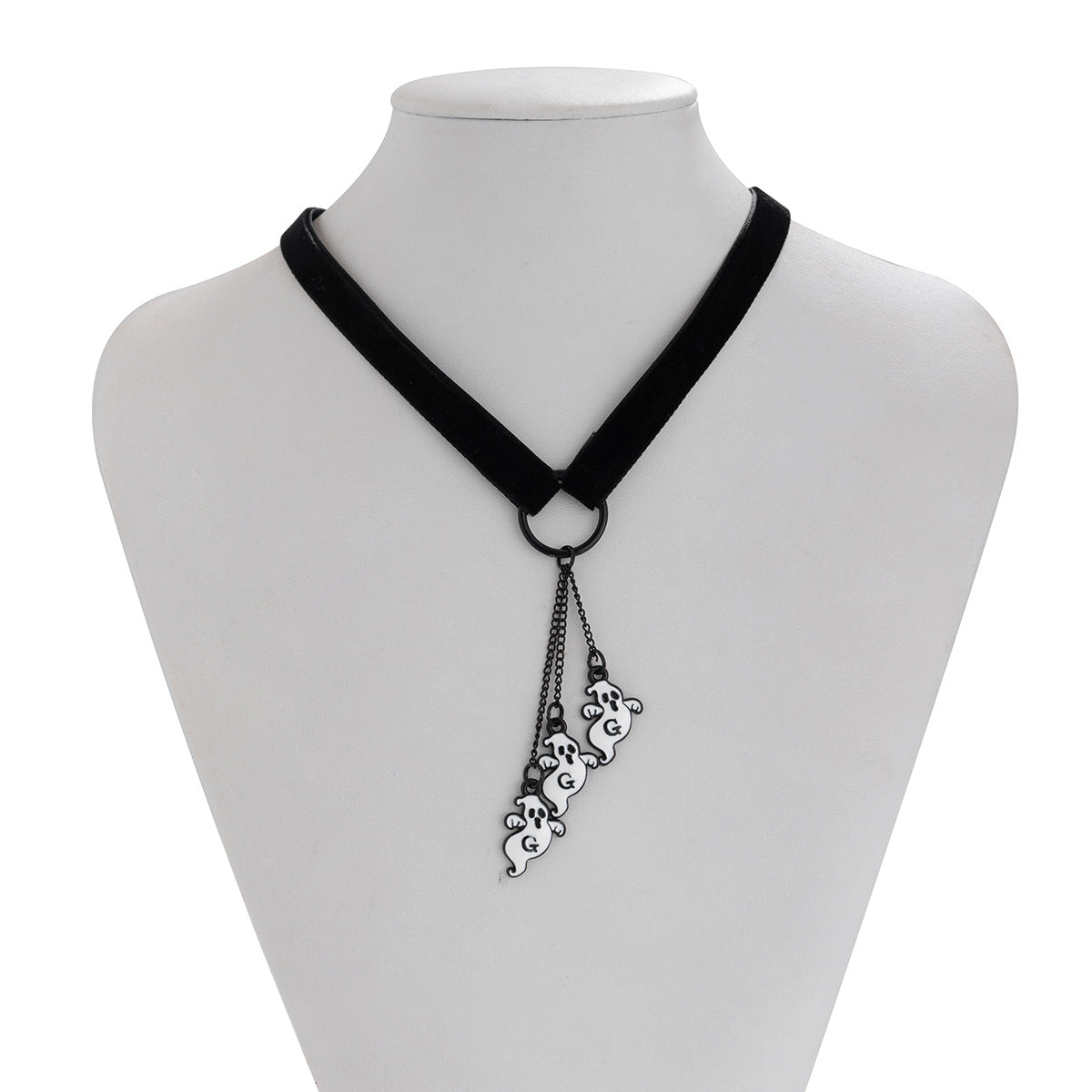 Collana girocollo a mezzaluna in stile gotico con motivi di zucca e fantasmi per donna, ciondolo in resina fatto a mano su catena di velluto