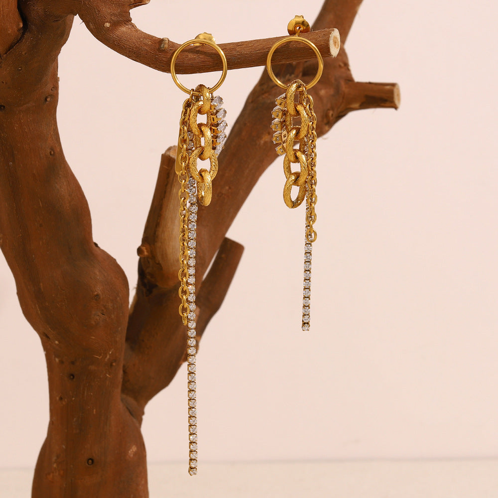 Fashionable Geometric Stainless Steel 18K Gold Plated French Zircon Dangle Earrings for Women