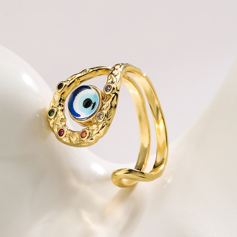 Bohemian Evil Eye Open Ring for Women in Copper with Micro-Pave Setting Geometric Design