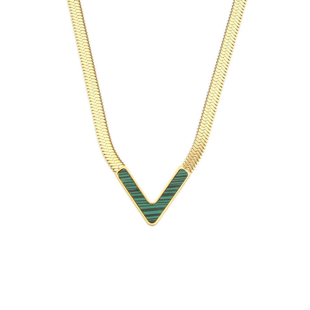 Fashionable Geometric V-Shaped Natural White Abalone Black Abalone Green Malachite Pendant Necklace for Women in Stainless Steel with 18K Gold Plating on Flat Snake Chain