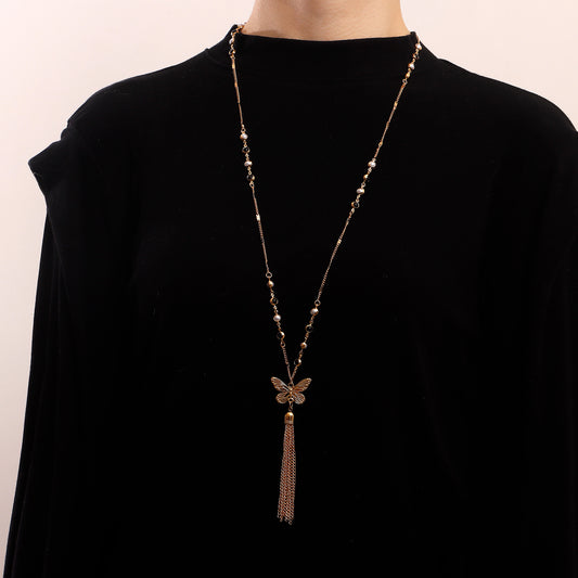 Collar con colgante de mariposa minimalista con borla larga para mujer, cadena de aleación, diseño geométrico galvanizado, cadena de suéter en capas para clavícula