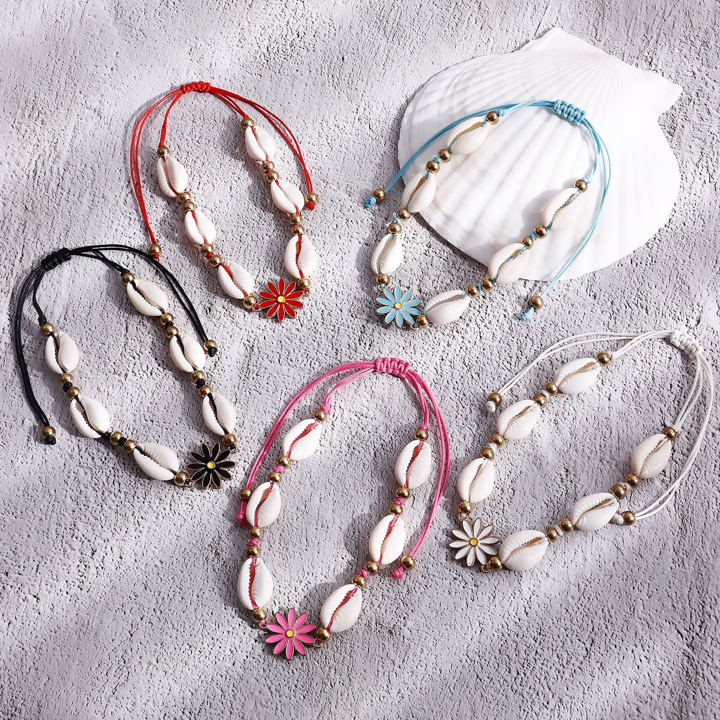 Bohemian-Inspired Adjustable Shell Anklet with Enamel Floral Design for Women