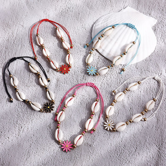 Tobillera ajustable de conchas inspirada en el estilo bohemio con diseño floral esmaltado para mujer