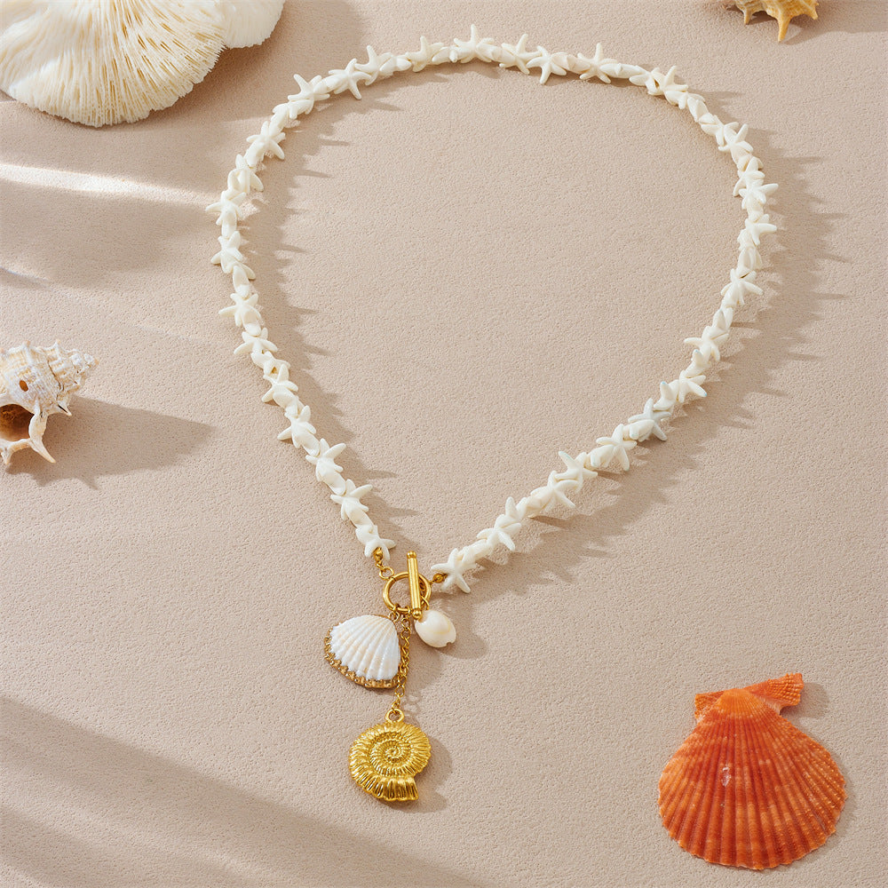 Bohemian Gold Plated Stainless Steel Star Shell Beaded OT Clasp Necklace for Women
