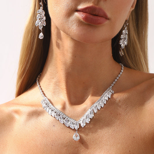 High-End Elegant Oval Geometric Copper Zircon Necklace and Earring Set for Women