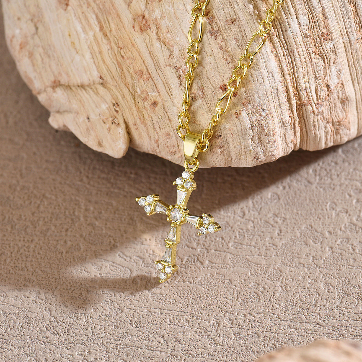 Geometric Cross Cubic Zirconia Inlay Gold Plated Brass Necklace for Women