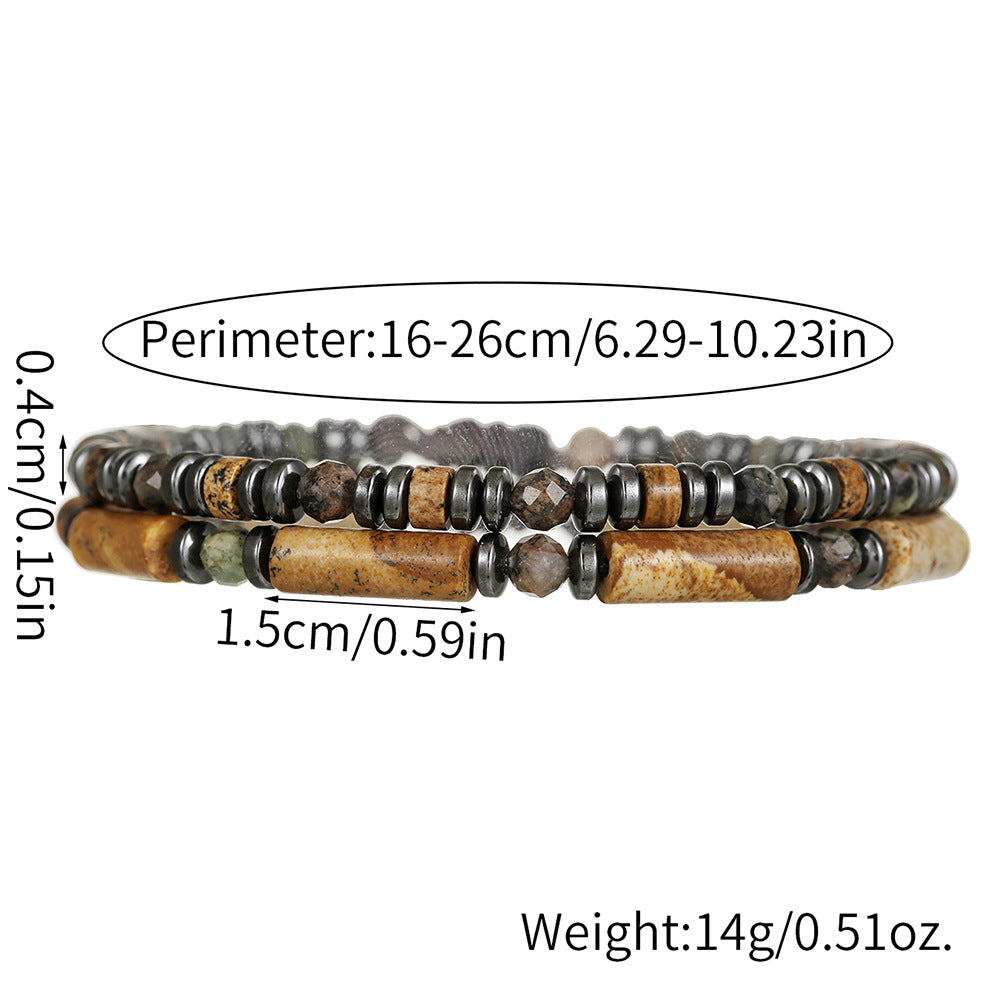 Vintage Casual Round Geometric Hand-beaded Hematite Picture Stone Bracelet for Men and Women