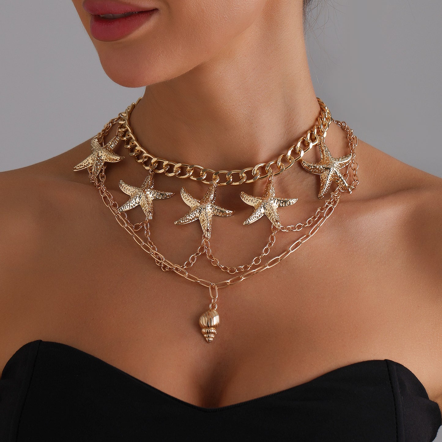 Vintage Starfish Seashell Beach-Themed Necklace for Women Alloy Pendant with Plated Finish on Clavicle Chain