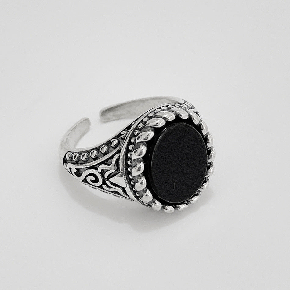 Anello Aperto Vintage in Argento Sterling 925 Lucidato con Agata Nera Dolce