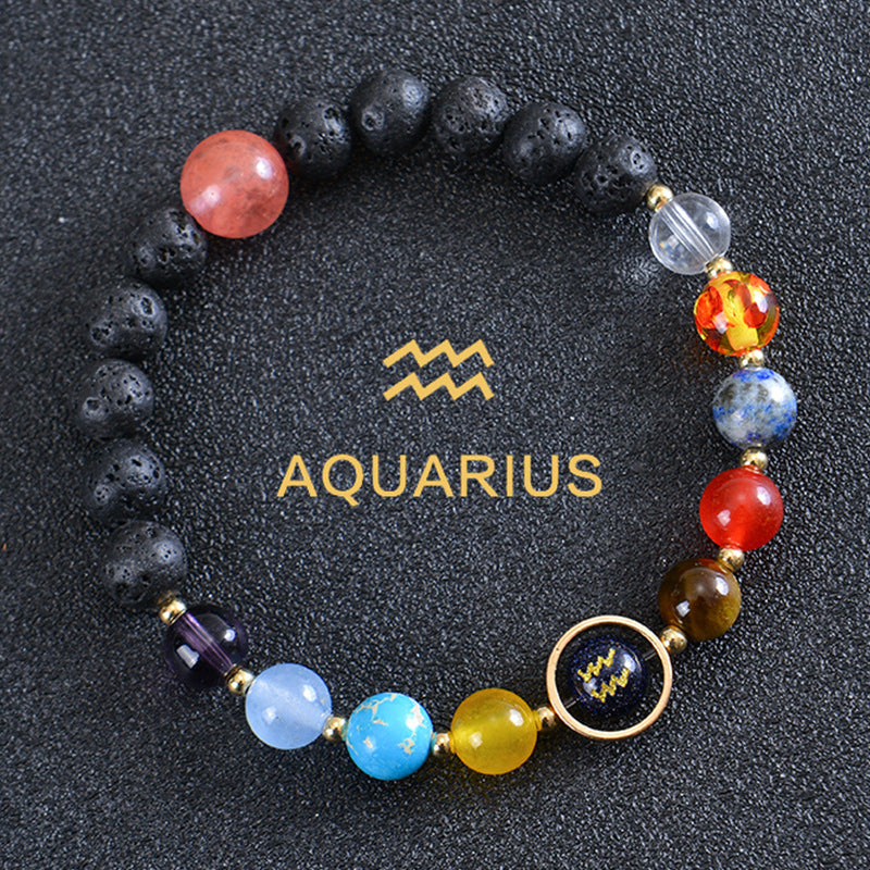 Unisex Zodiac Blue Sandstone Volcanic Stone Crystal Beaded Bracelet