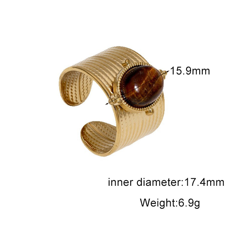 Vintage 18K Gold Plated Titanium Steel Open Ring with Tiger's Eye Inlay Round Oval Crown Design