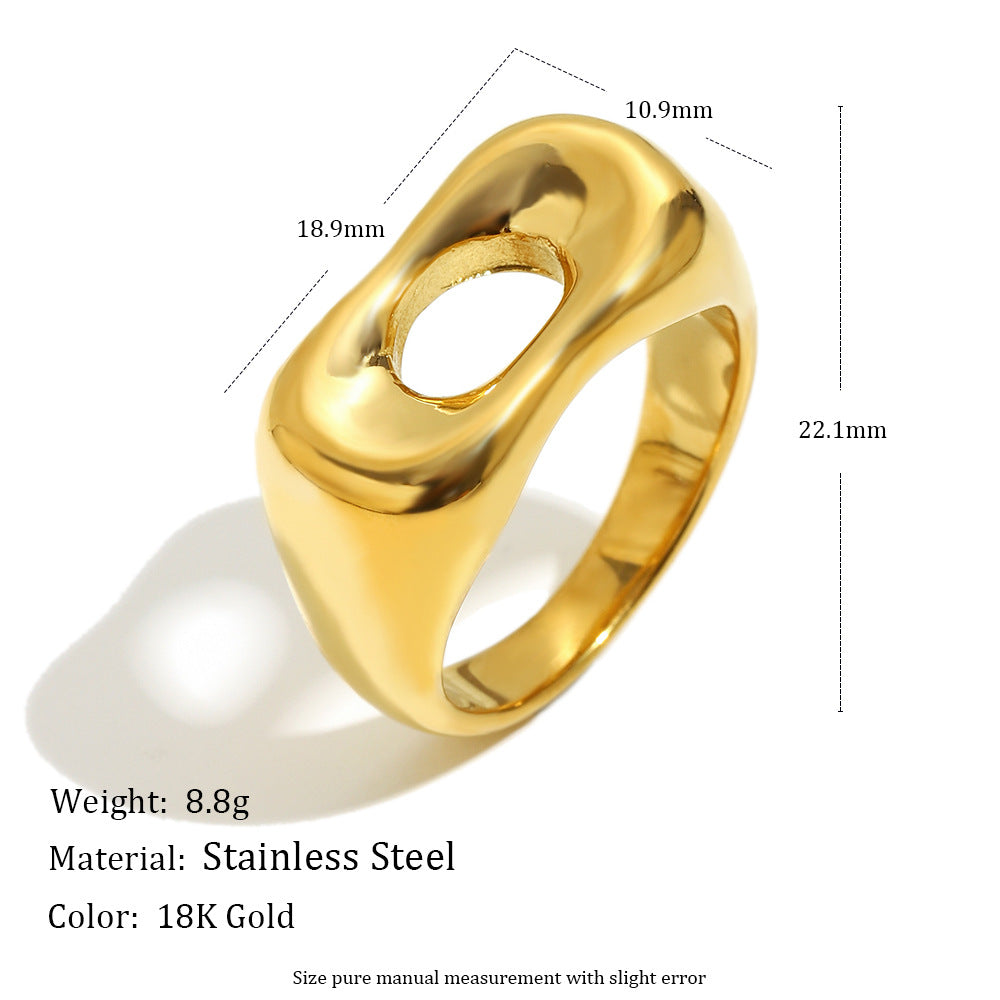 Anillo de baguette largo hueco geométrico minimalista para mujer en acero inoxidable con baño de oro de 18 quilates