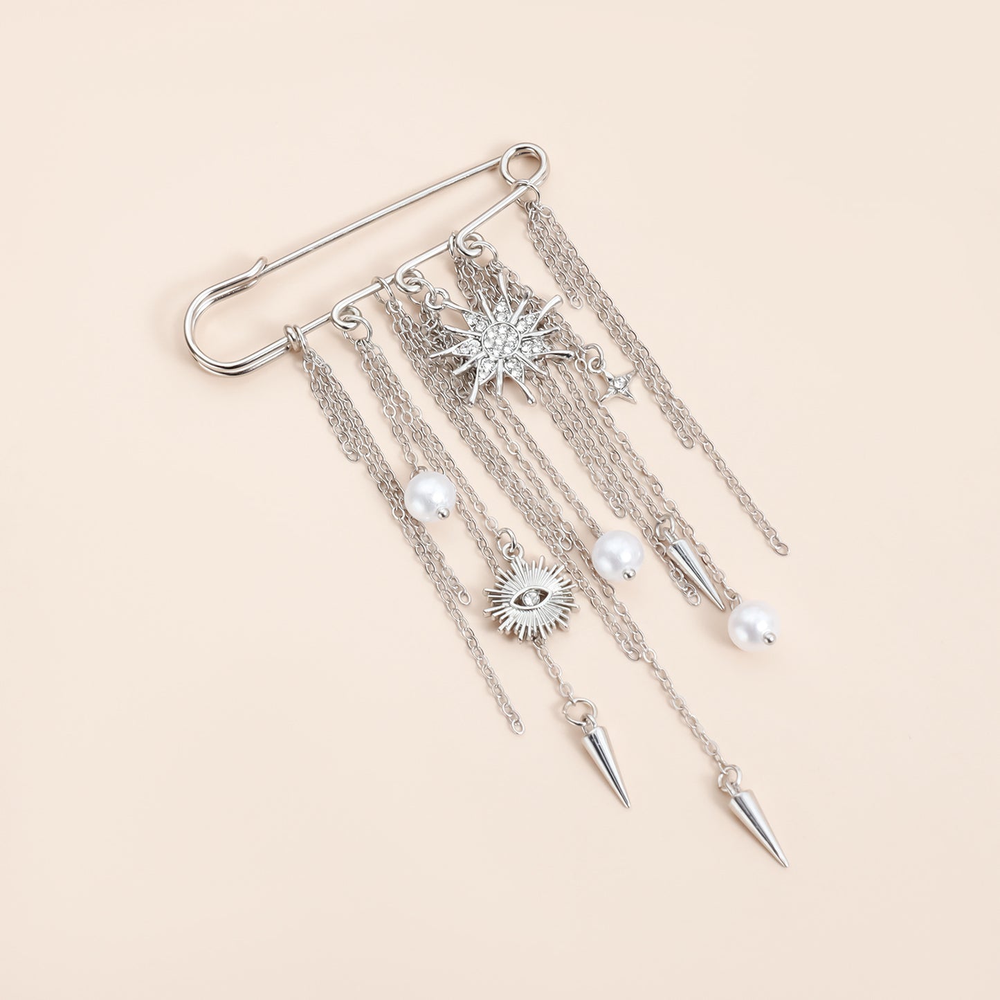 Elegant Geometric Alloy Plated Brooch with Tassel, Pearl and Rhestone Sun Eye Design