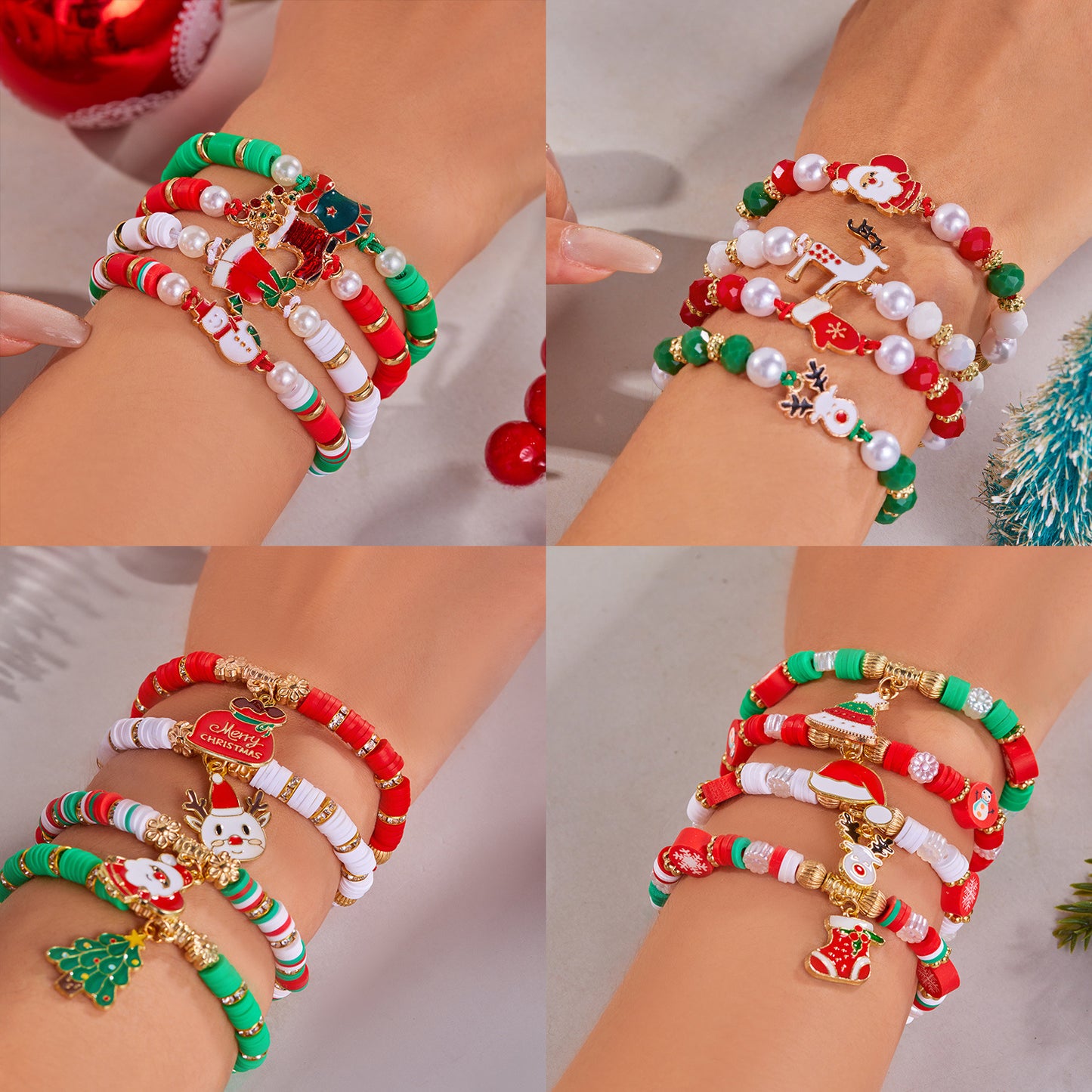 Juego de Pulseras Artesanales Navideñas con Dijes de Papá Noel y Renos en Resina, Arcilla Polimérica y Aleación con Detalles de Cristal y Vidrio para Mujer