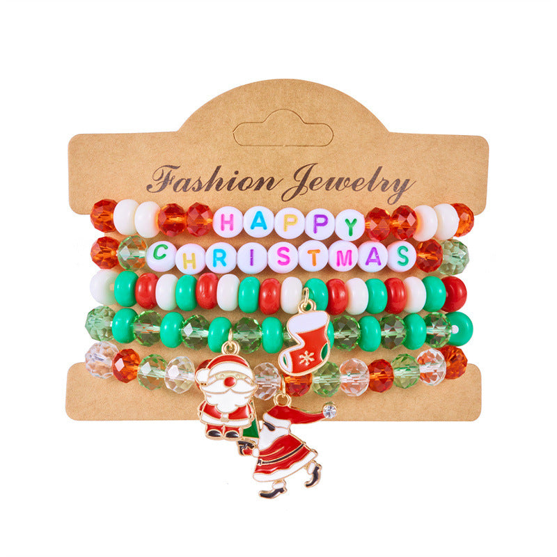 Pulsera minimalista con temática navideña con diseño de Papá Noel, bastón, muñeco de nieve, cuentas con letras y dije de aleación
