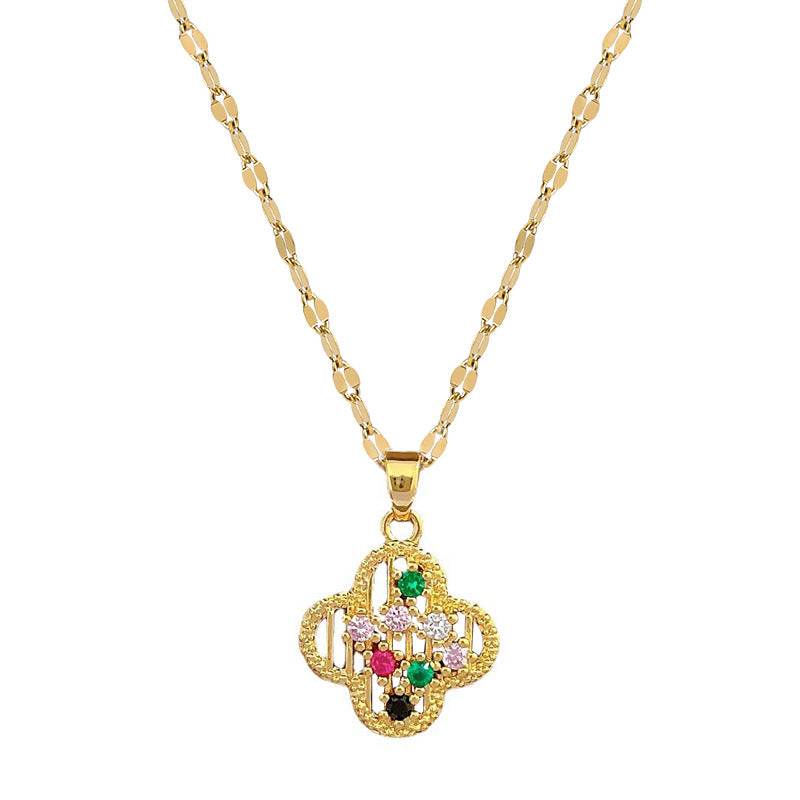 Collana con Ciondolo Lusso a Quadrifoglio da Donna in Acciaio al Titanio con Finitura Placcata, Delicata Catena alla Clavicola
