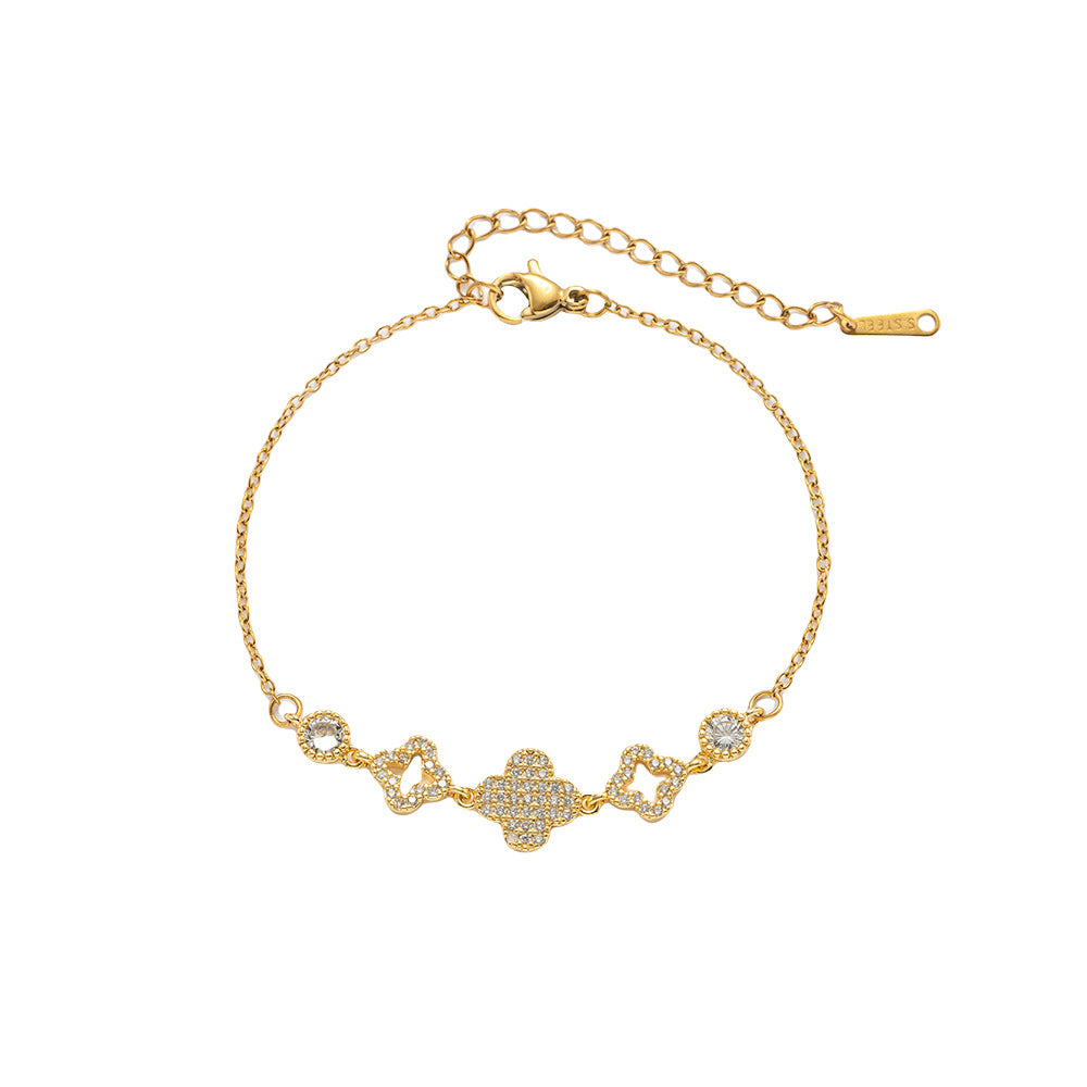 Luxury Minimalist Clover-Shaped Gold-Plated Copper Bracelet with Micro-Pavé Zirconia for Women