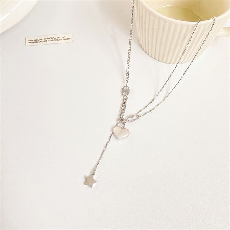 Hip-hop Titanium Steel Heart Star Pendant Necklace with Tassel for Women
