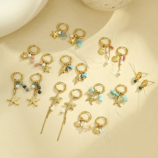 Pendientes de Acero Inoxidable de Estrella de Mar, Inspiración Marina, con Forma Geométrica y Acabado Chapado para Mujer