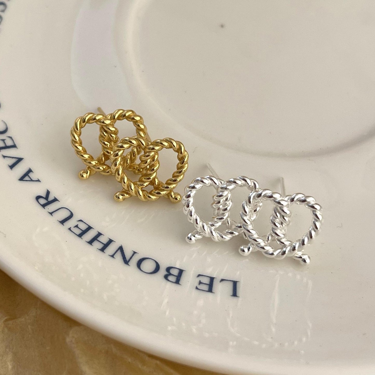 Minimalist Twisted Knot Heart Stud Earrings in 925 Sterling Silver with Gold Plating