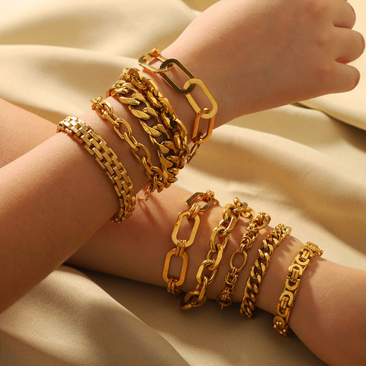 Punk Style Geometric Stainless Steel Bracelet with Thick Chain Design and 24K Gold Plated Finish