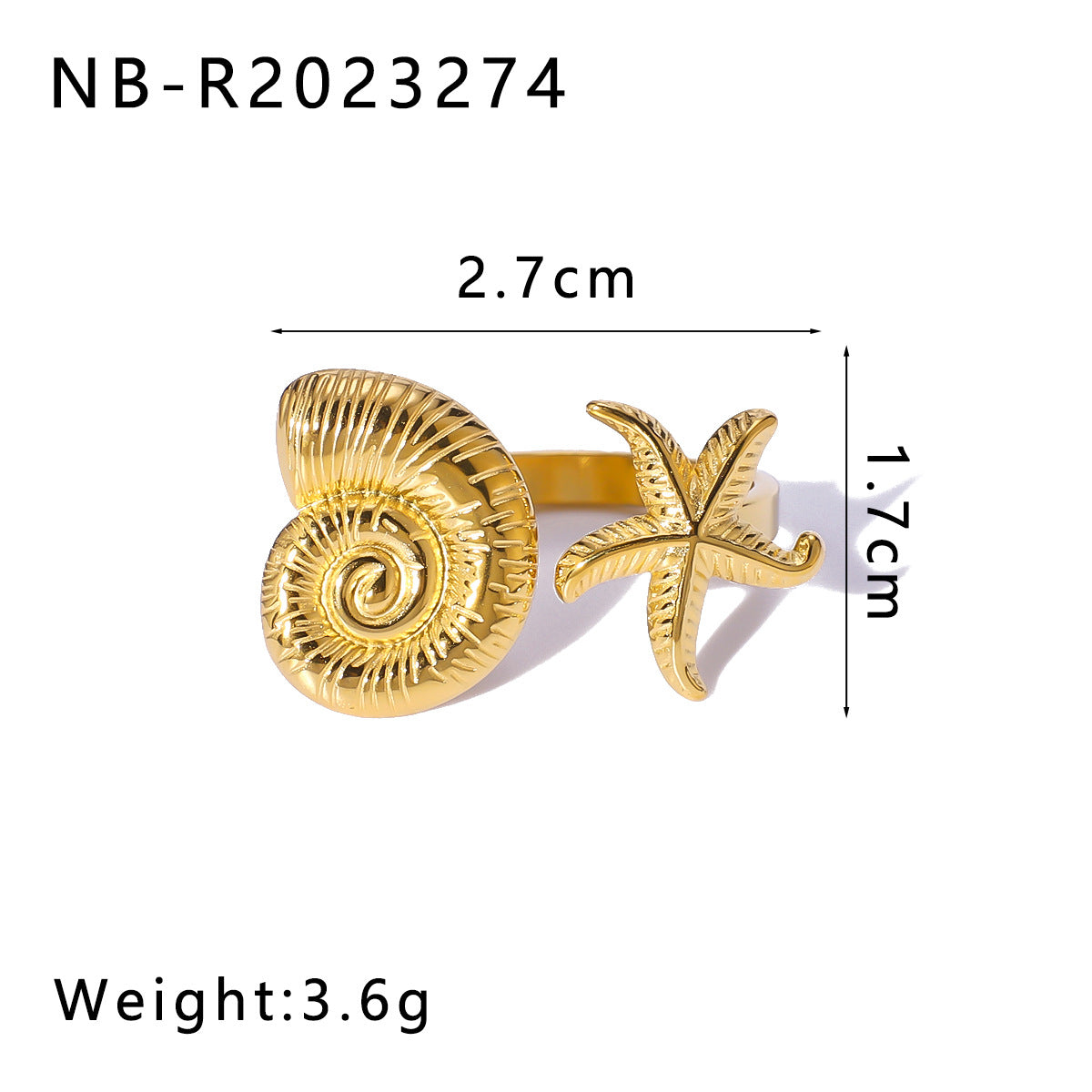 INS Style Geometric Starfish and Seashell Open Ring for Women Stainless Steel with 18K Vacuum Plating