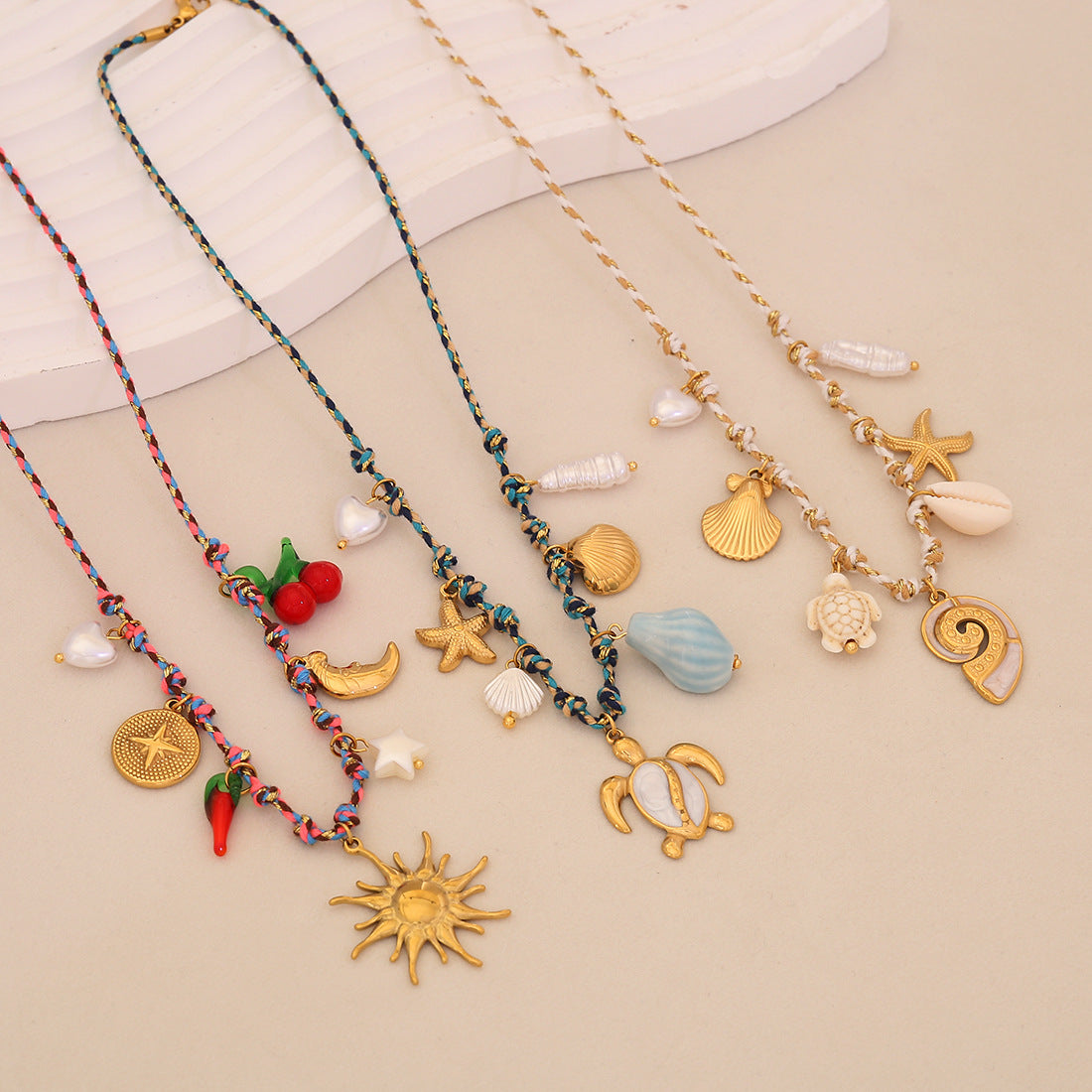 Bohemian Handmade Starfish and Seashell Pendant Necklace for Women Stainless Steel Beach-Themed Jewelry