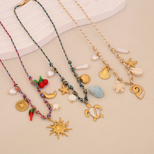 Bohemian Handmade Starfish and Seashell Pendant Necklace for Women Stainless Steel Beach-Themed Jewelry