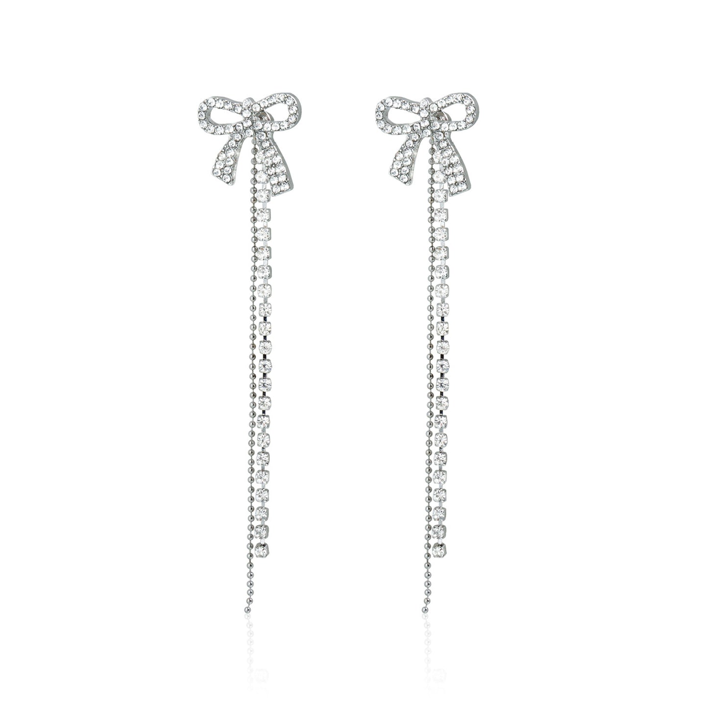 Vintage Rhinestone Geometric Bow Knot Drop Earrings with Tassel Chain for Women