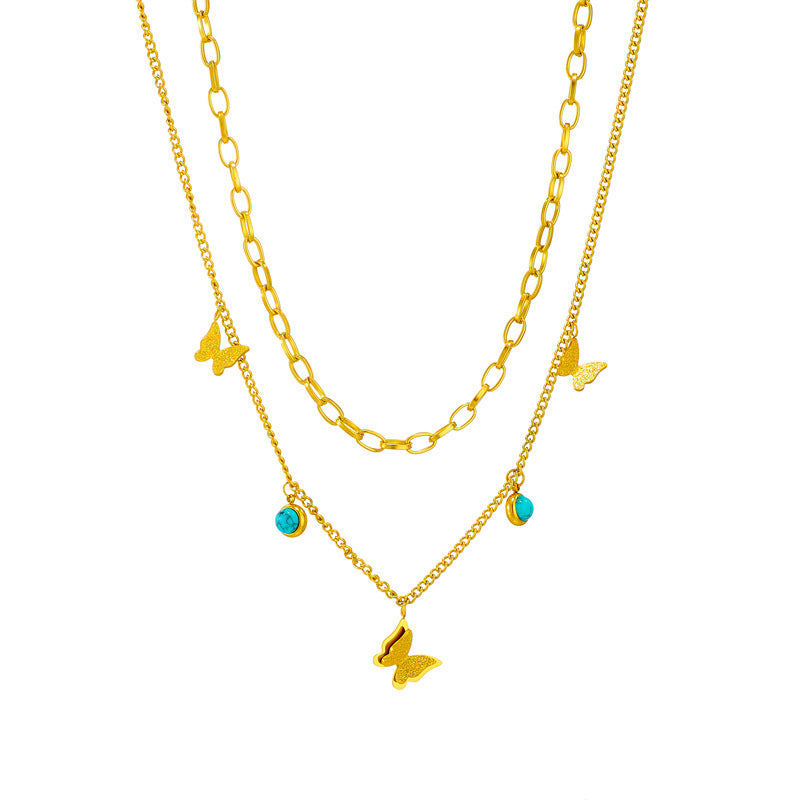 Fashionable Two-Tier Layered Turquoise Butterfly Pendant Necklace in Titanium Steel with Plated Finish for Women