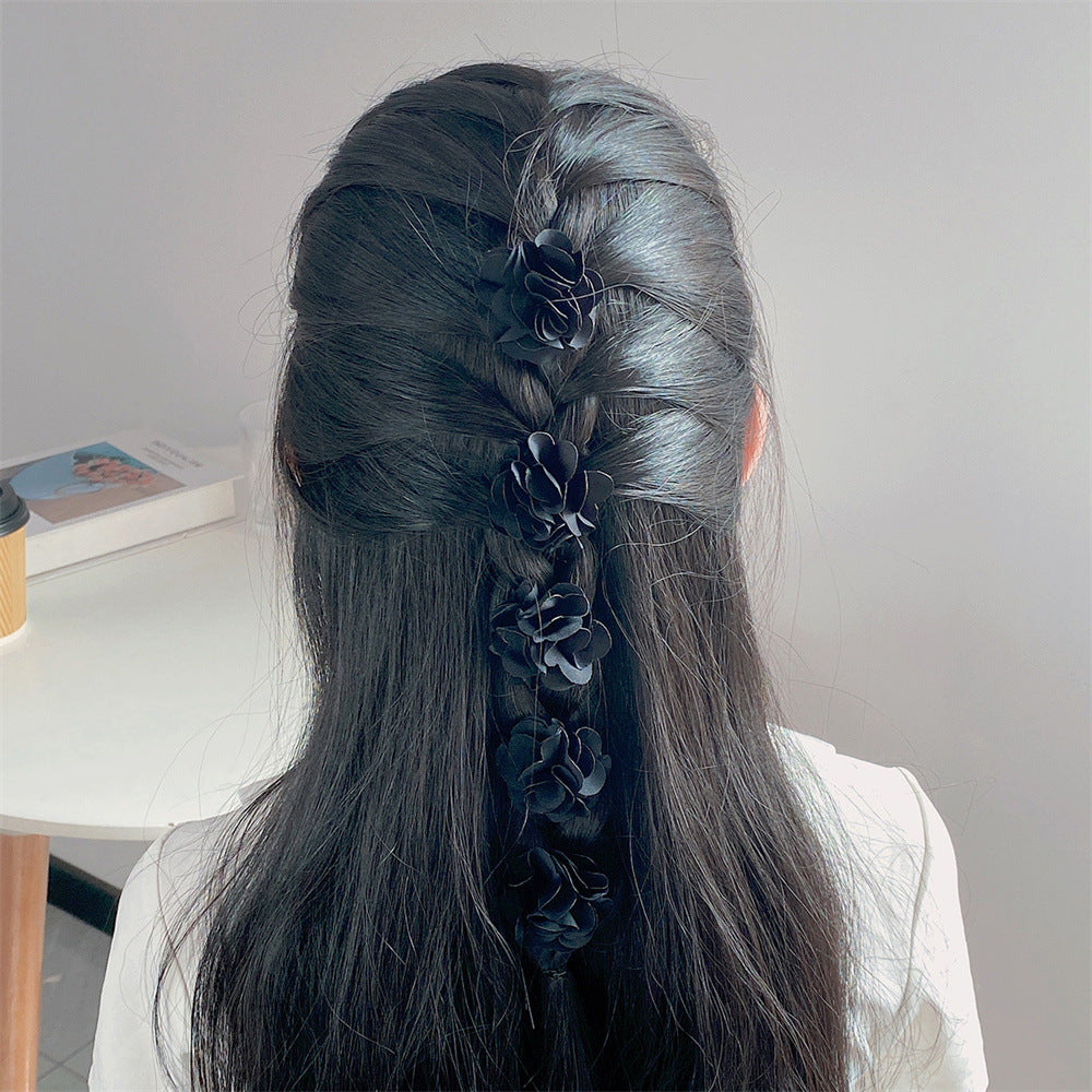 Set di Fermagli per Capelli Floreali Carini per Bambini, Mollette Artigianali in Tessuto con Rose dai Bordi Bruciati in Rosso, Nero e Bianco