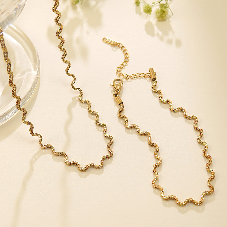 Minimalist Luxury Geometric Wavy Line Stainless Steel Plated Necklace and Bracelet Set for Women