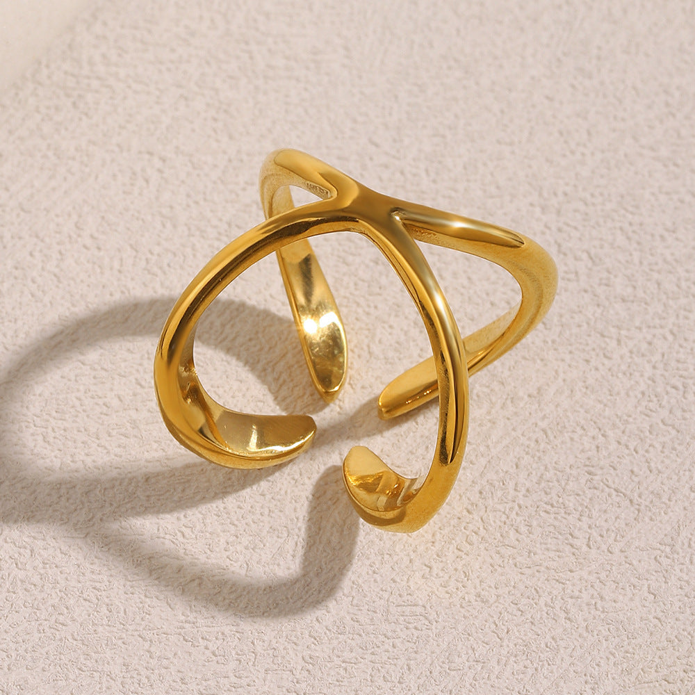 Minimalist Geometric Stainless Steel Ring with 18K Gold Plating Adjustable Open Band for Women